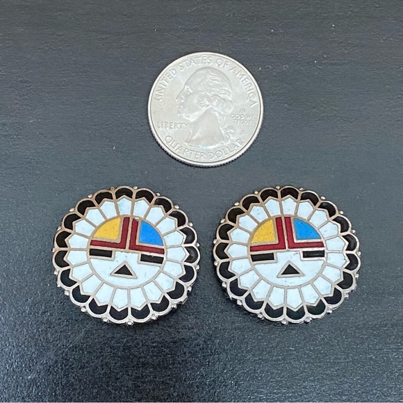 Indian Lore Genuine Copper Porcelain Enamel Inlaid Sun Face Clip On Earrings - Picture 8 of 13
